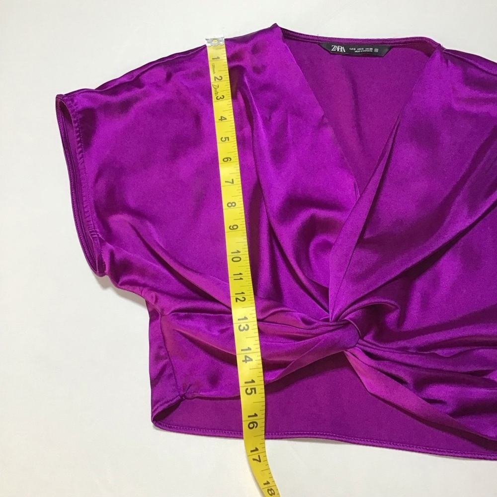 Zara Women's Purple Cropped Satin Knot Front Blouse - Picture 6 of 8